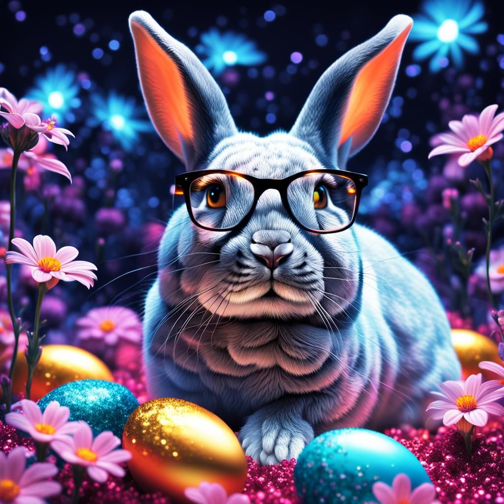 Oster rabbit with glasses , hidding computer eggs , behind F...