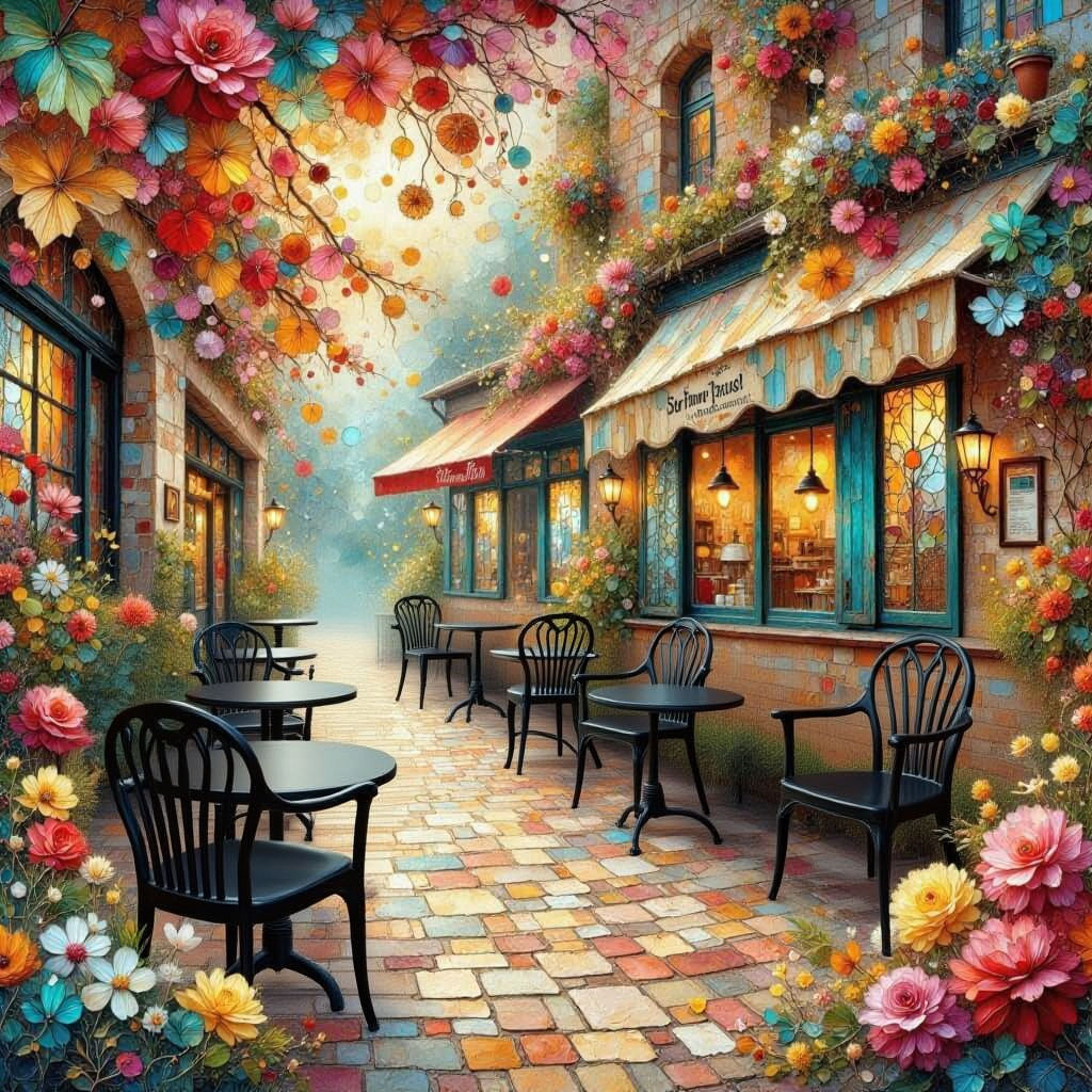 <lora:Earth and teal:1.0> <lora:Alcohol Ink Splash:1.0> <lora:ImpastoRama:1.0> <lora:Empaste:1.0> Cozy european coffee shop, sun's rays illu...