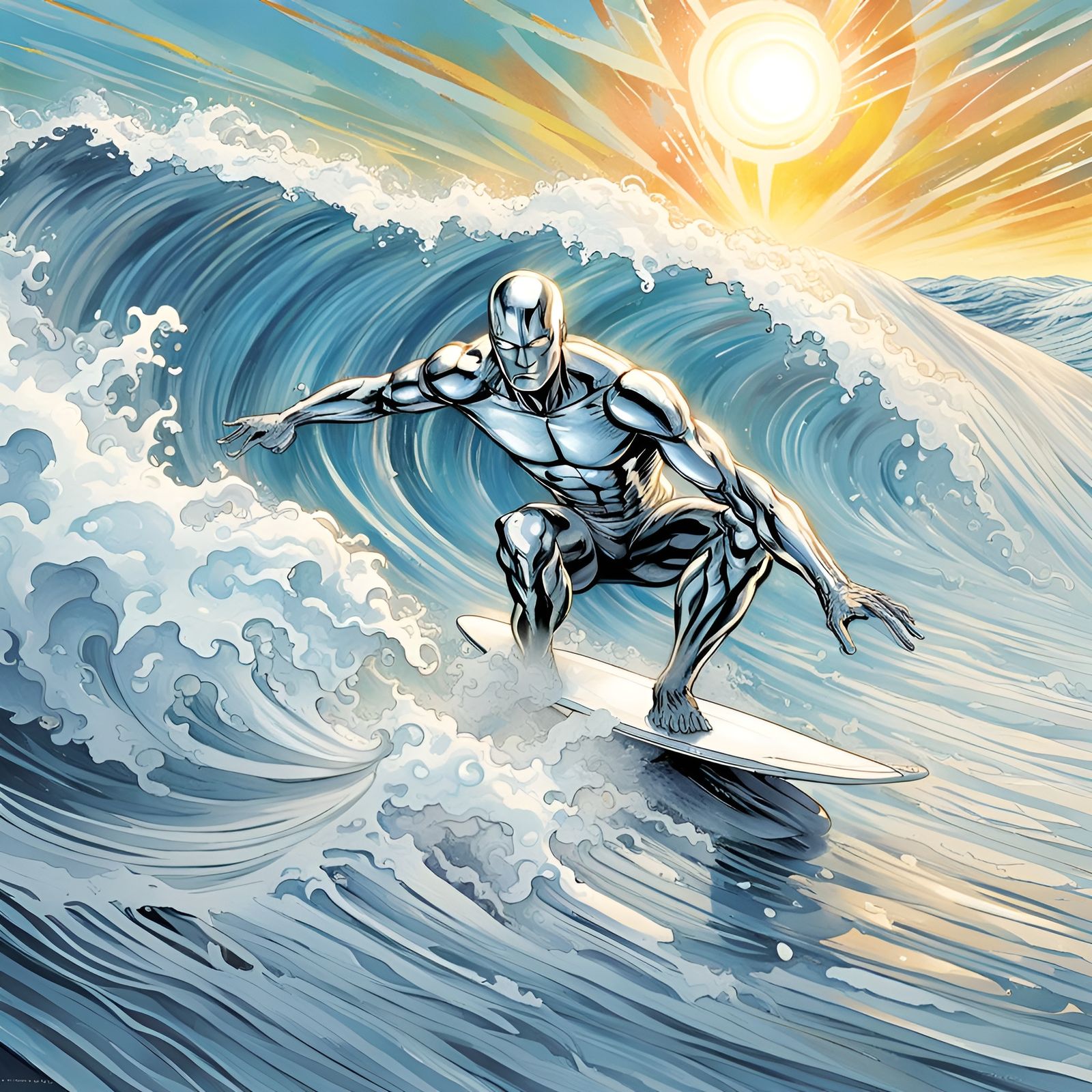 The silver surfer surfing on a surf board, lge waves, bright sun, in the style of a water colour. High ...  by @Irene