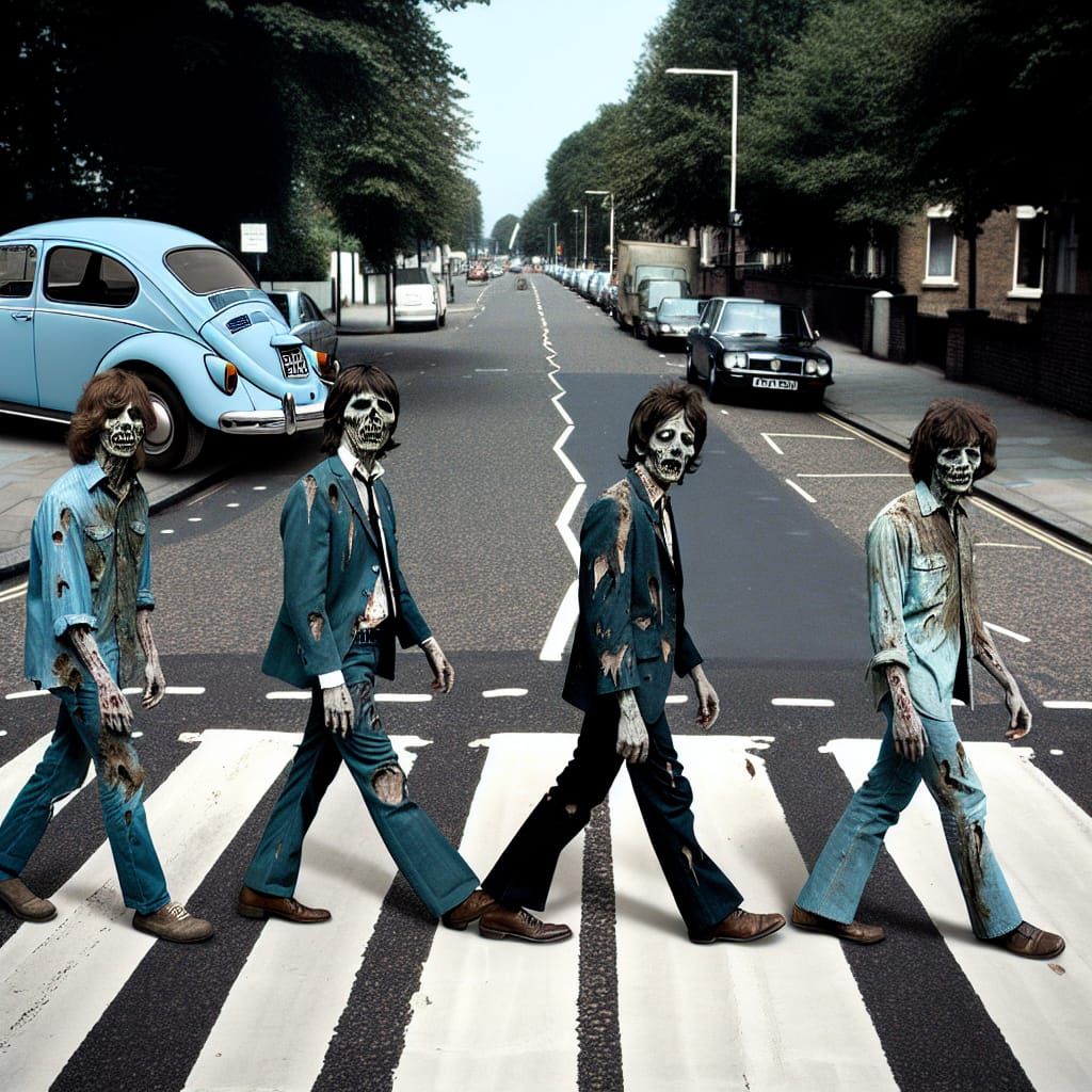 The fab four, Paul, George, John and Ringo of the Beatles cross the famous zebra crossing in Abbey road. However they have become zombies. M...