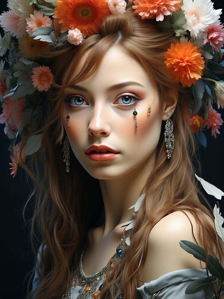 <lora:Double Detailer v2:1.4> Portrait of a beautiful woman with flowers in the hair, ornaments and trinkets, earrings