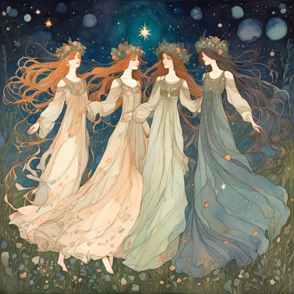 <lora:Glasgow Art Nouveau:1.0>circle_dancing midnight coven :: 6_women wear billowy_white_dresses, Crowns_of_flowers, long_loose_hair, joyf...