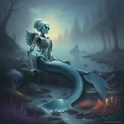 Create a detailed anatomical illustration of a mermaid skele...