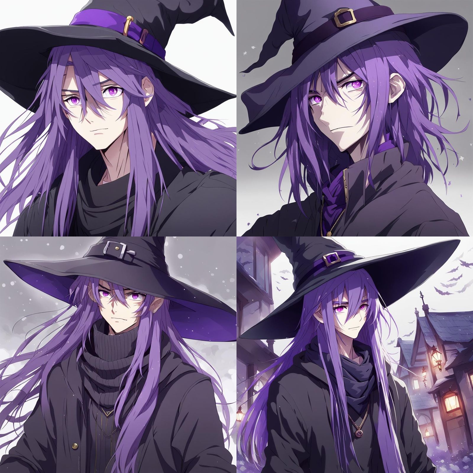 man with long purple hair, purple eyes, purple witch hat, we...