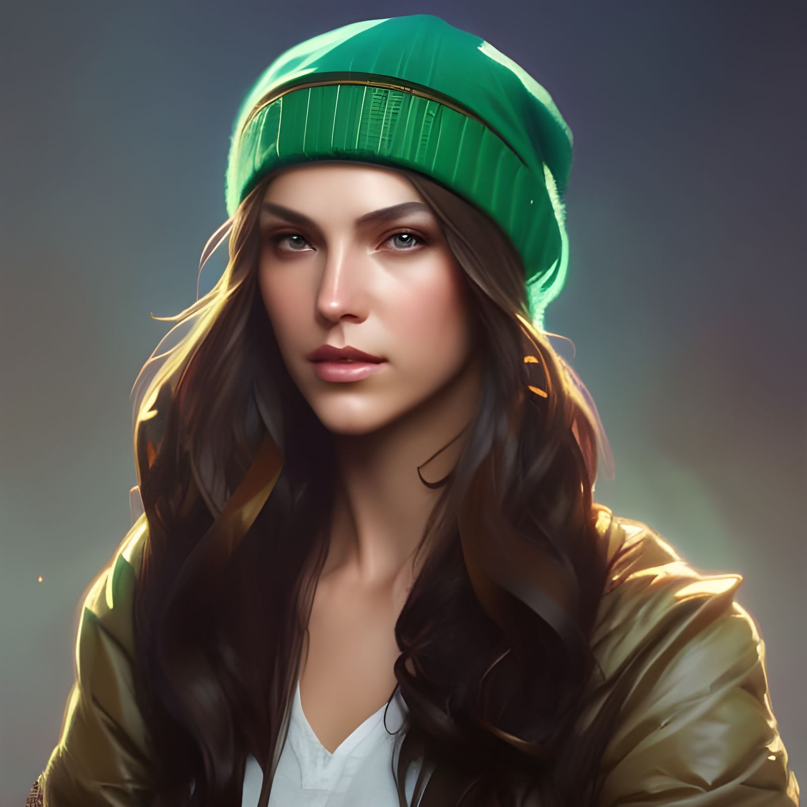 brunette, green eyes, beanie, 8k resolution concept art portrait by Greg  Rutkowski, Artgerm, WLOP, Alphonse Mucha dynamic lighting hyperdeta... - AI  Generated Artwork - NightCafe Creator