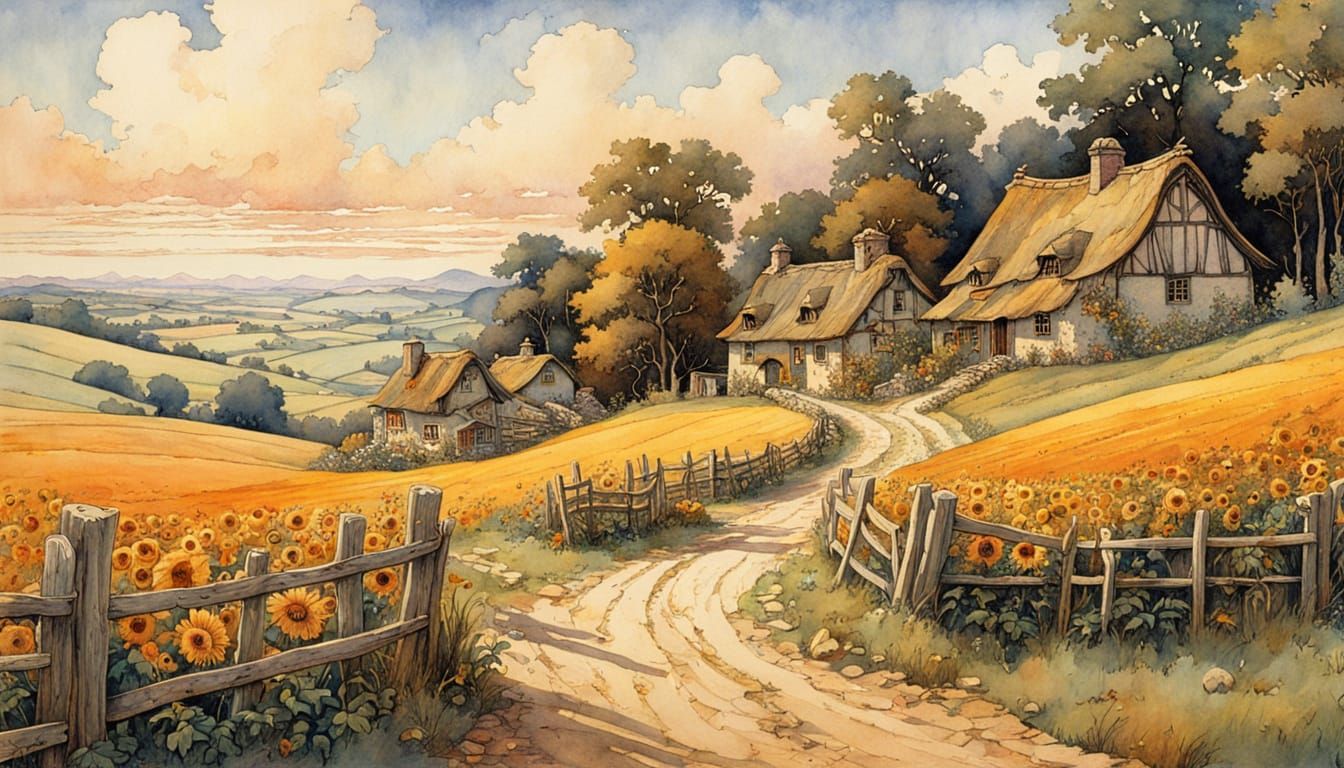 Night Over Rustic Village: Renaissance Watercolor Fantasy