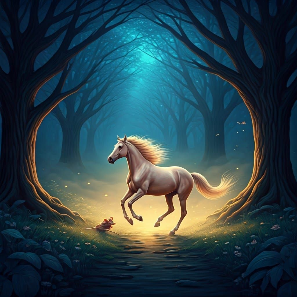 Ethereal Horse Pursues Whimsical Mouse in Dreamy Landscape