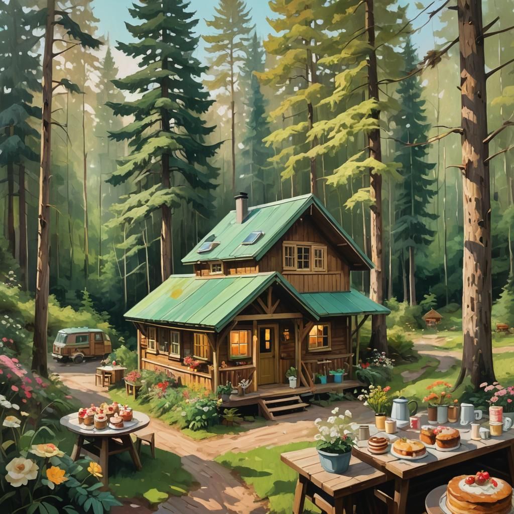 Idyllic Forest Cabin in Oil Painting Style
