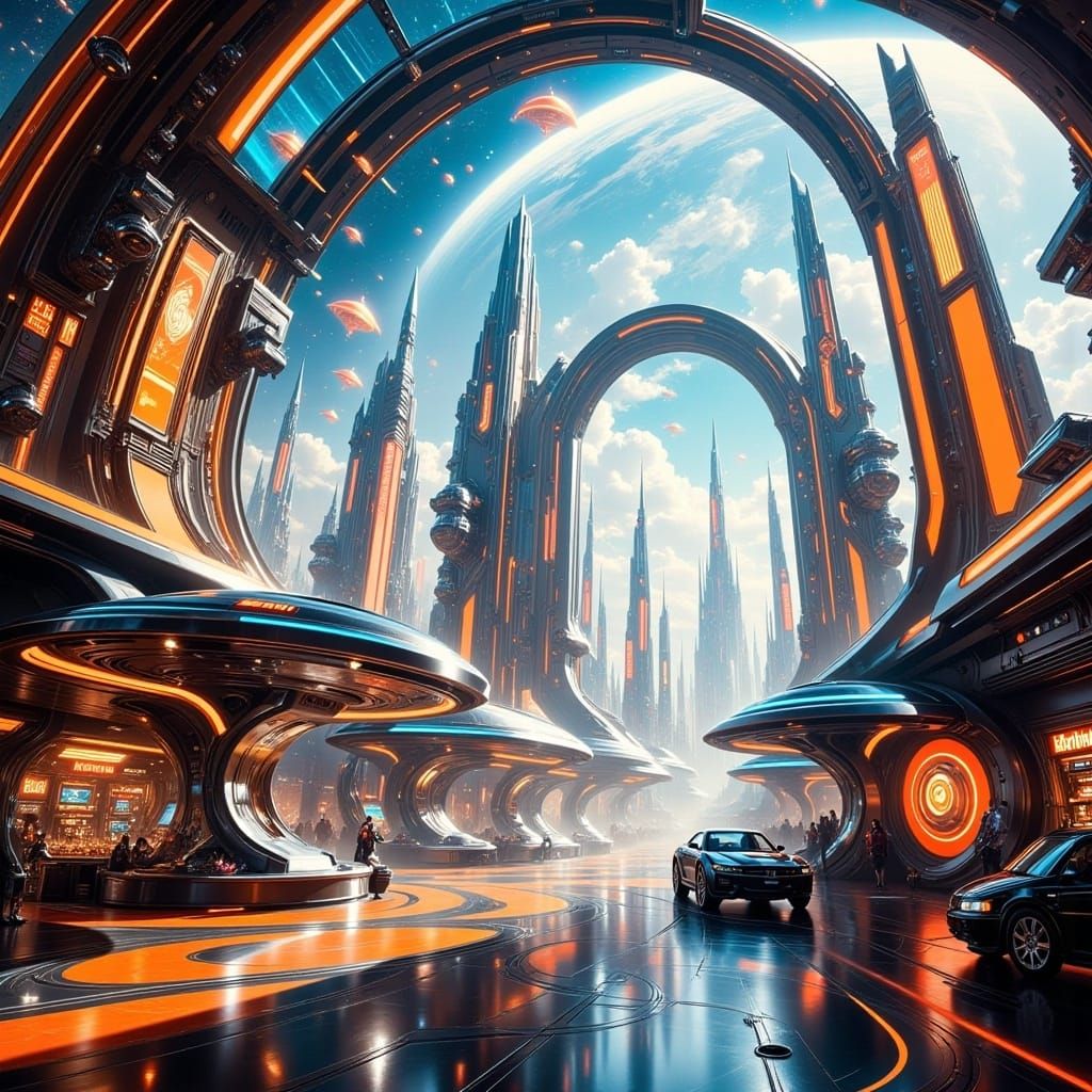 <lora:Retro Future Flux:1.0> A bustling space port, wide view