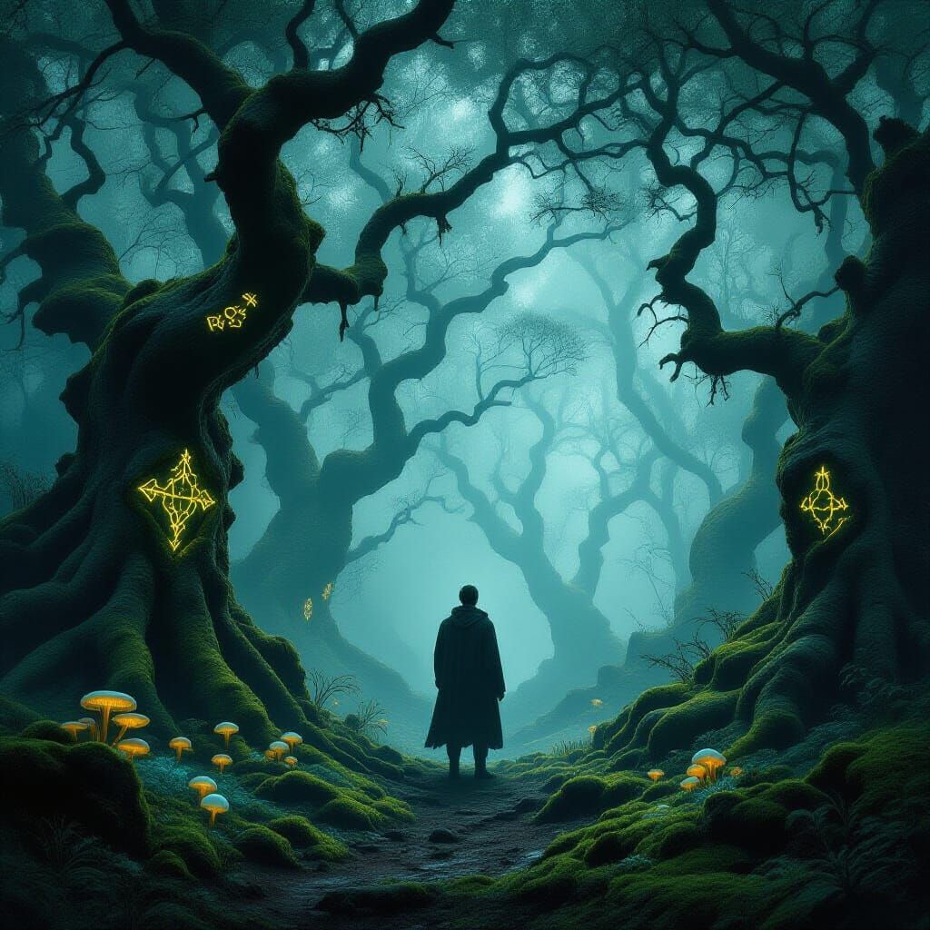 A solitary man stands at the edge of an ancient, mist-shrouded forest, his silhouette barely visible against the dim, ethereal light filteri...