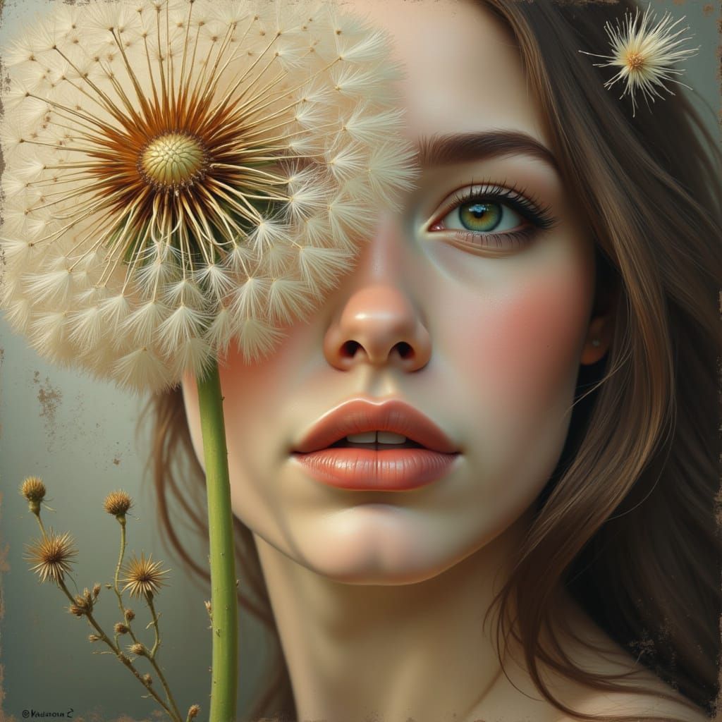  <lora:A beautiful face:1.0>portrait of a beautiful face on a dandelion