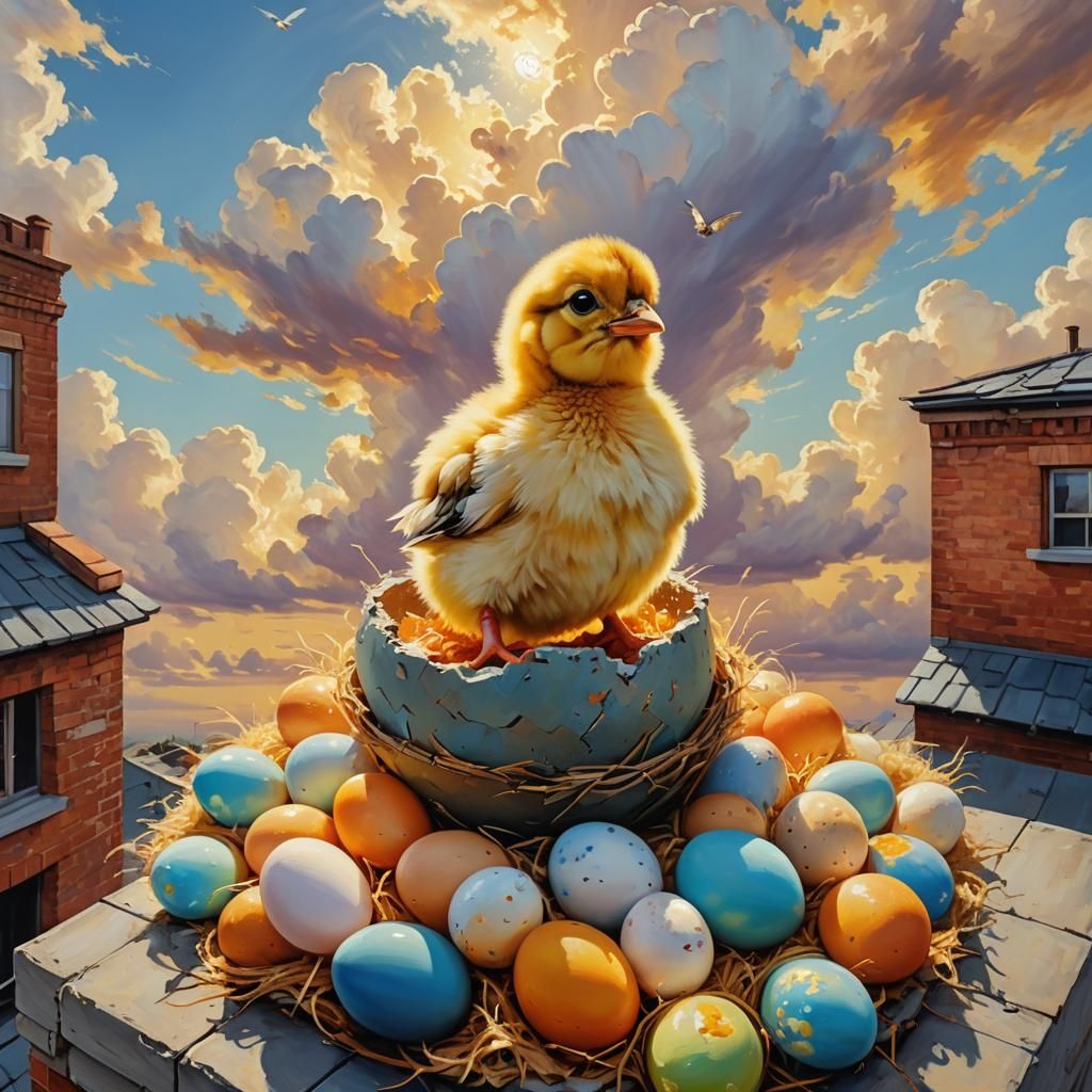 Surreal Chick Hatches on Rooftop: Oil Painting