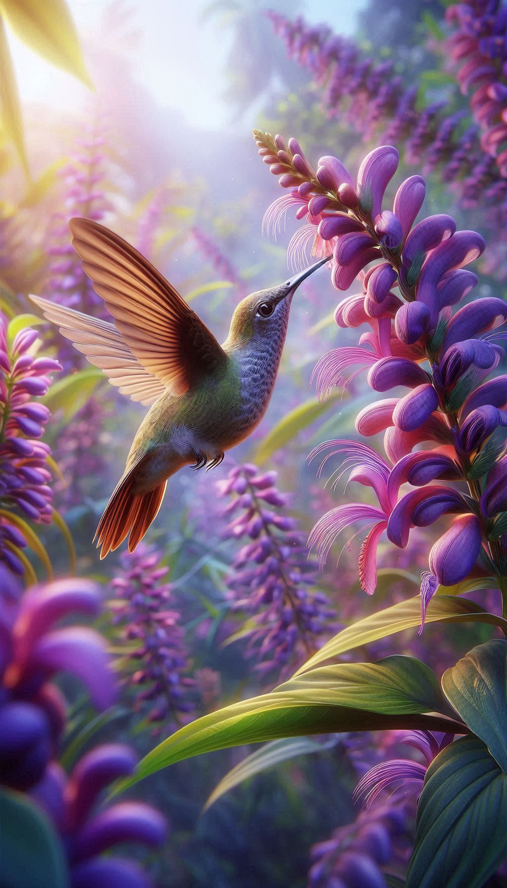 A hummingbird feeds on nectar