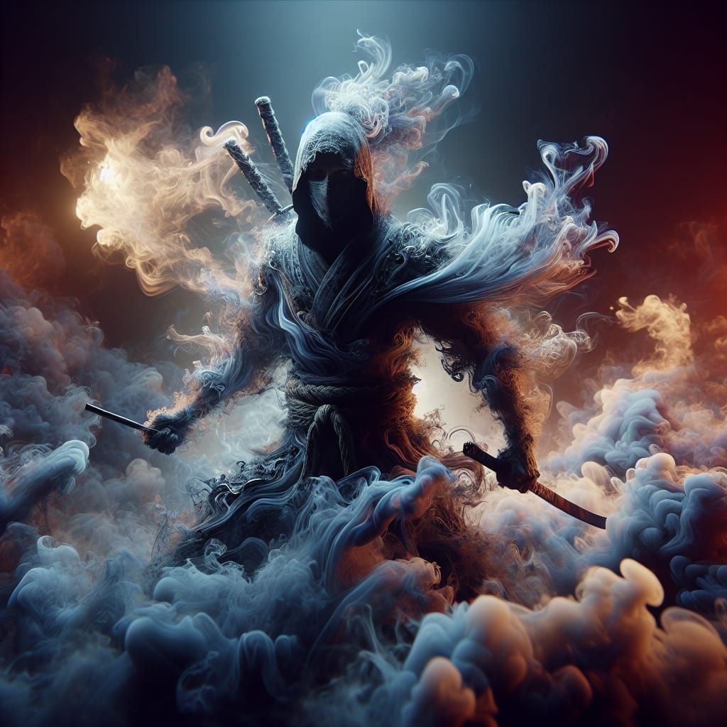 a ninja warrior figure made entirely of wispy strands of smoke Epic cinematic brilliant stunning intricate ...  by @Vinnie