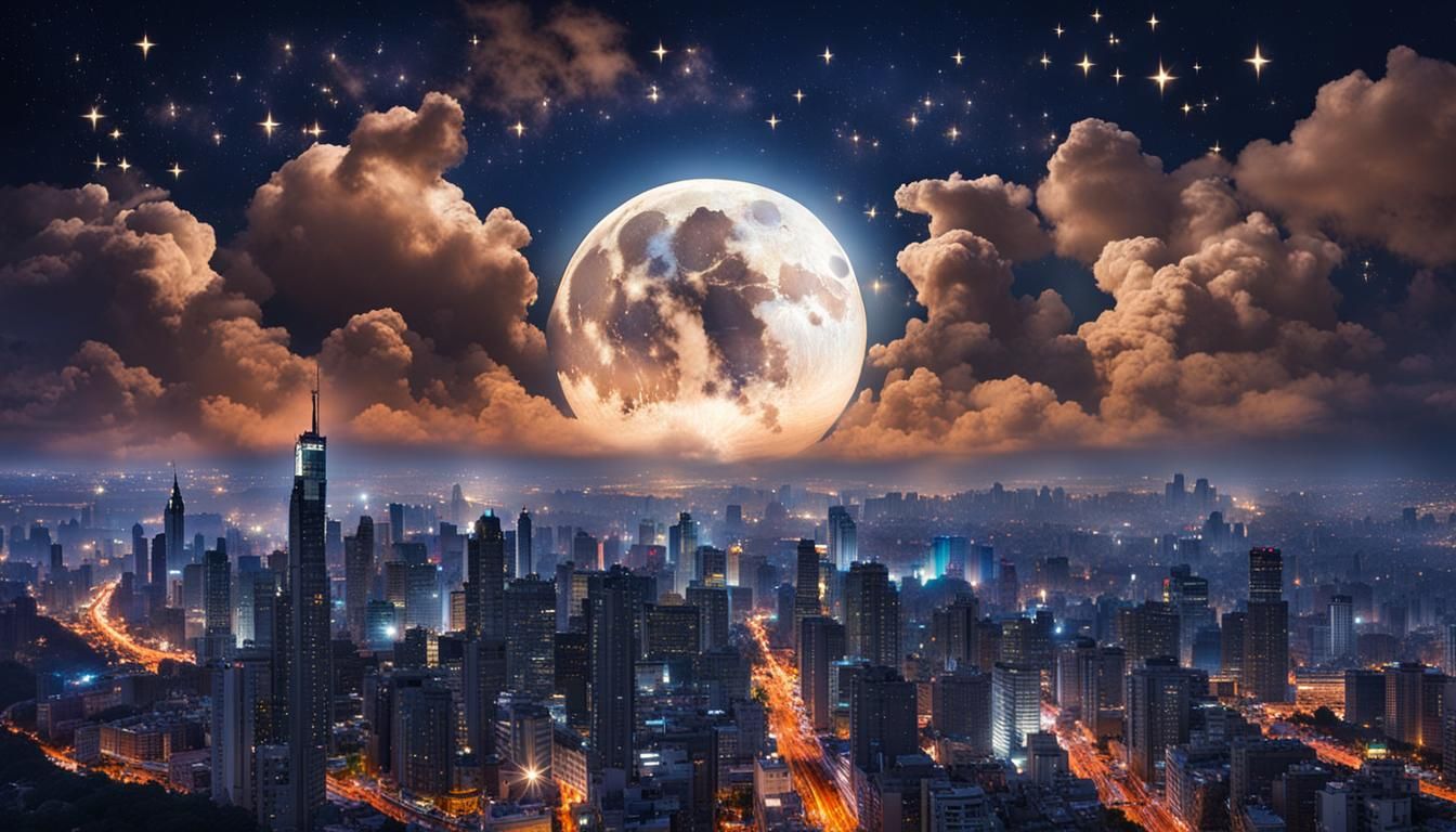 The most magical and beautiful night city skyline view in the world! hdre, stars and huge moon in the ...  by @loodupyydja