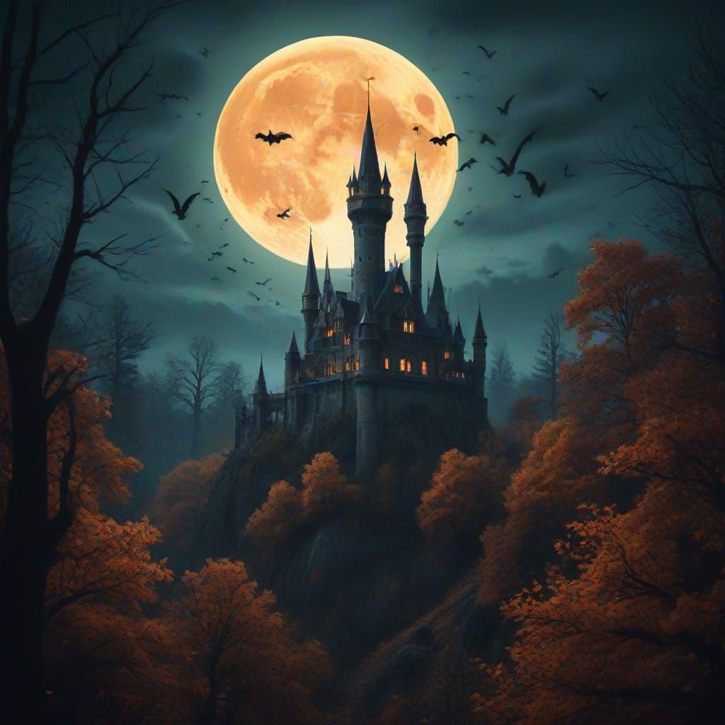 Creepy Victorian Castle Under a Full Moon