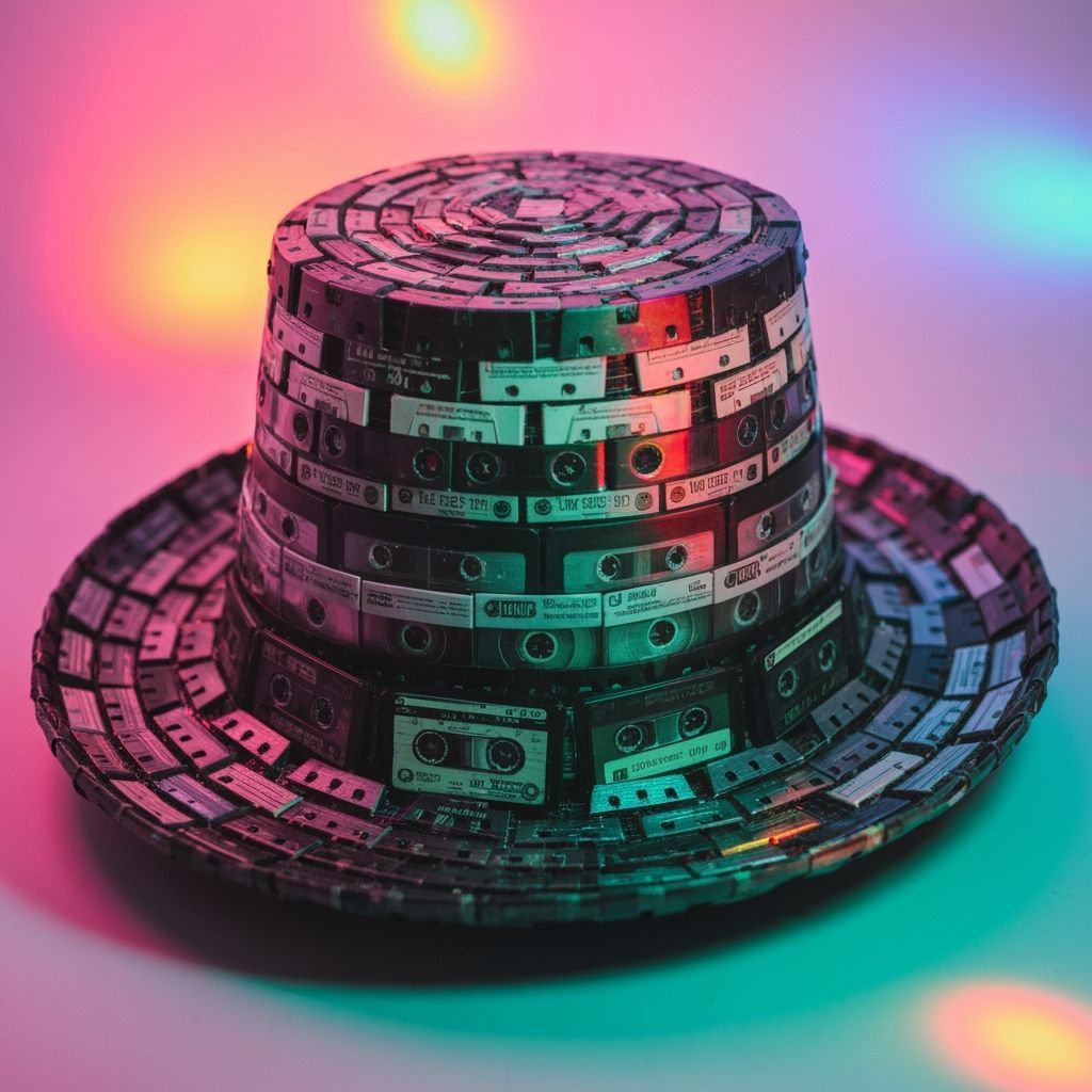 A surrealist hat woven from cassette tapes and magnetic ribbons, 1980s retro-futuristic look, colorful ...  by @Princess_Lin_Auxotol_ancient_China