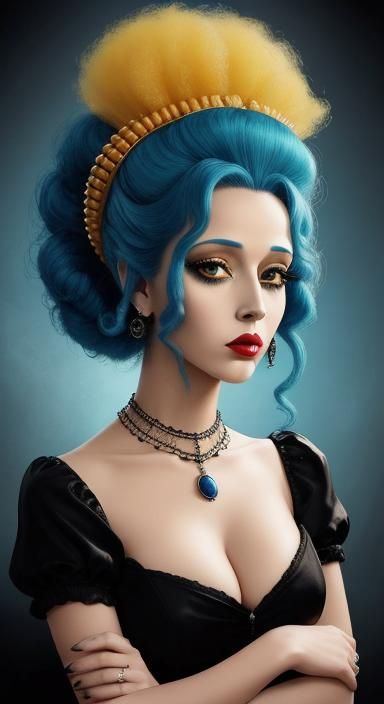 Portrait of Yellow Skinned excessively tall Blue Hair beehiv...