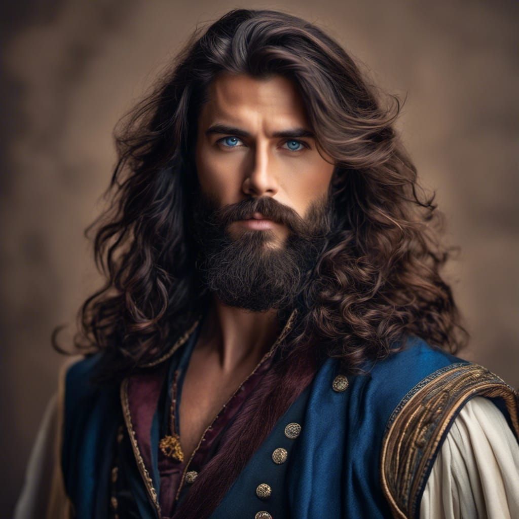  <lora:RealisticPortrait:1.0> portrait of long haired bearded brunette handsome charismatic man, deep blue eyes