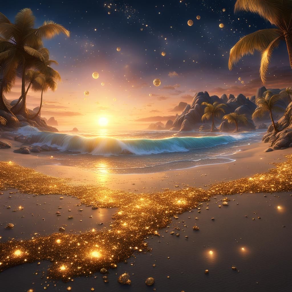 a beach with a sunset and gold sparkles and glitter   by @ellen