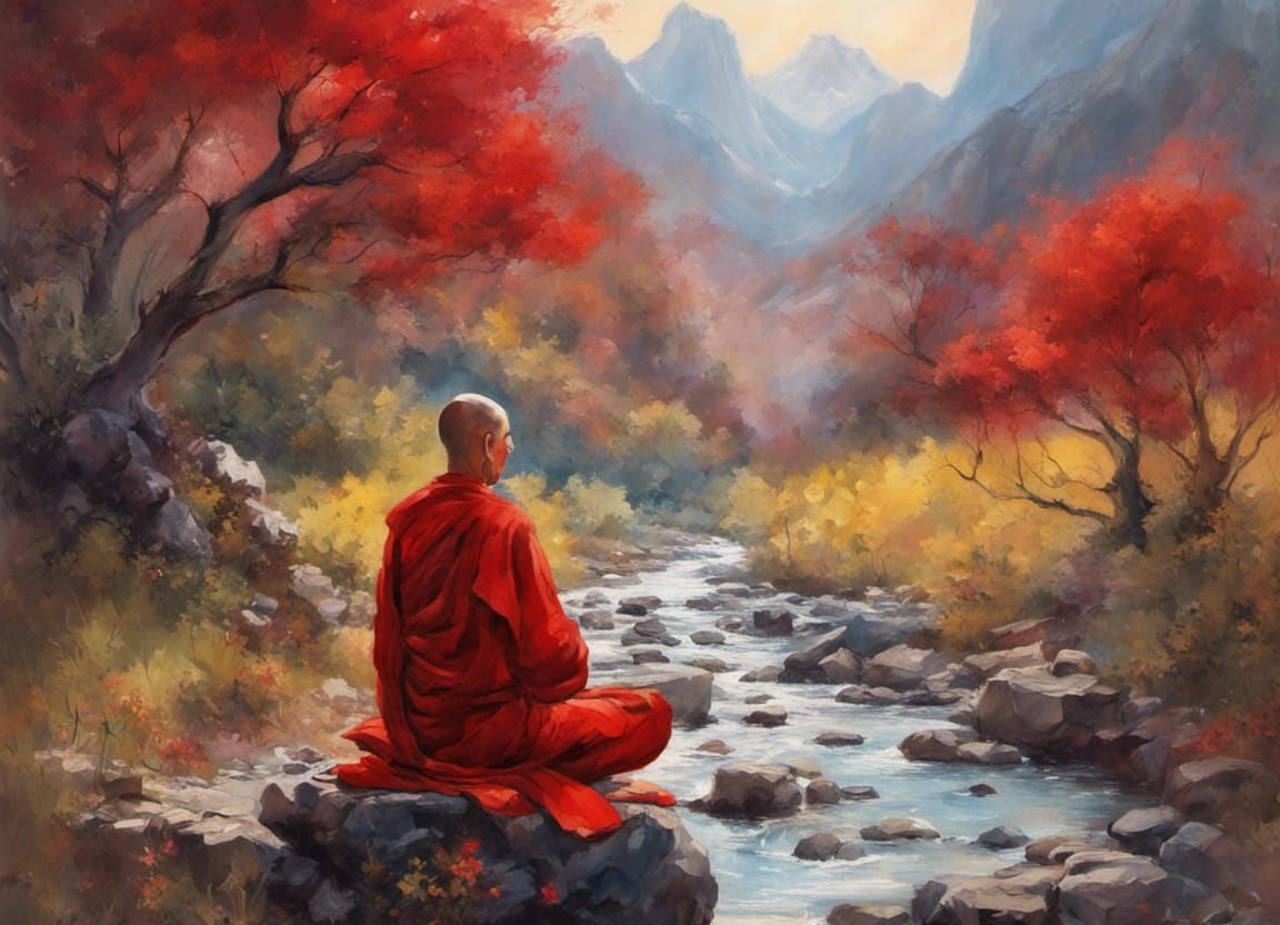 A great landscape painting :: Buddhist monk in red meditating, beautiful stream in jungle in stunning sunrise, magnifice...