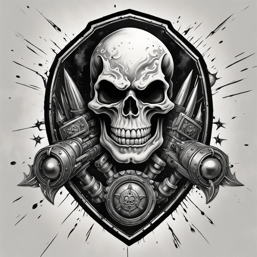 a shield displaying a grinning punk rock fiery skull and one...