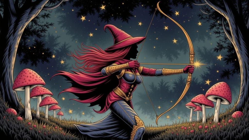 A dynamic silhouette of a female archer with long, flowing red hair, drawn in intricate detail. She wears a medieval-inspired red cloak with...