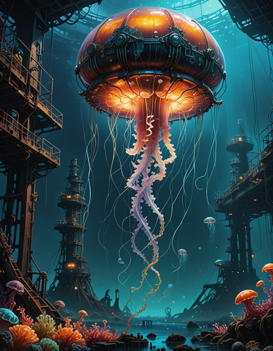 Oilpunk futurism. Close-up shot. A lone, bioluminescent jellyfish drifts serenely through the corroded, ...  by @Nathan Bundick