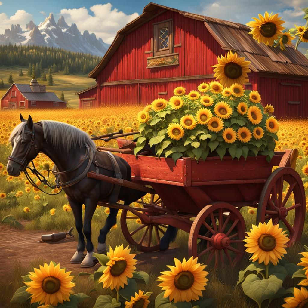 Red barn, wagon wheel, wheelbarrow with sunflowers, horses