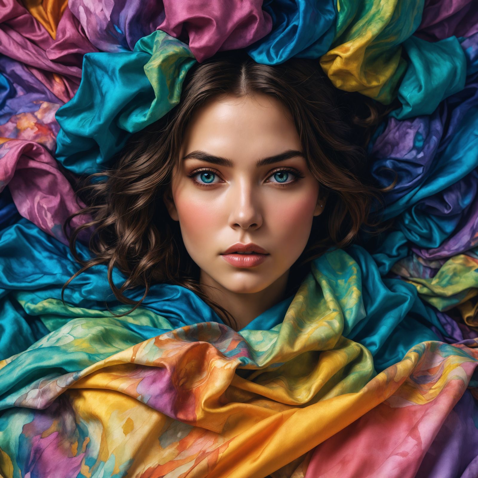 young woman buried under mounds of colored fabric, alcohol i...