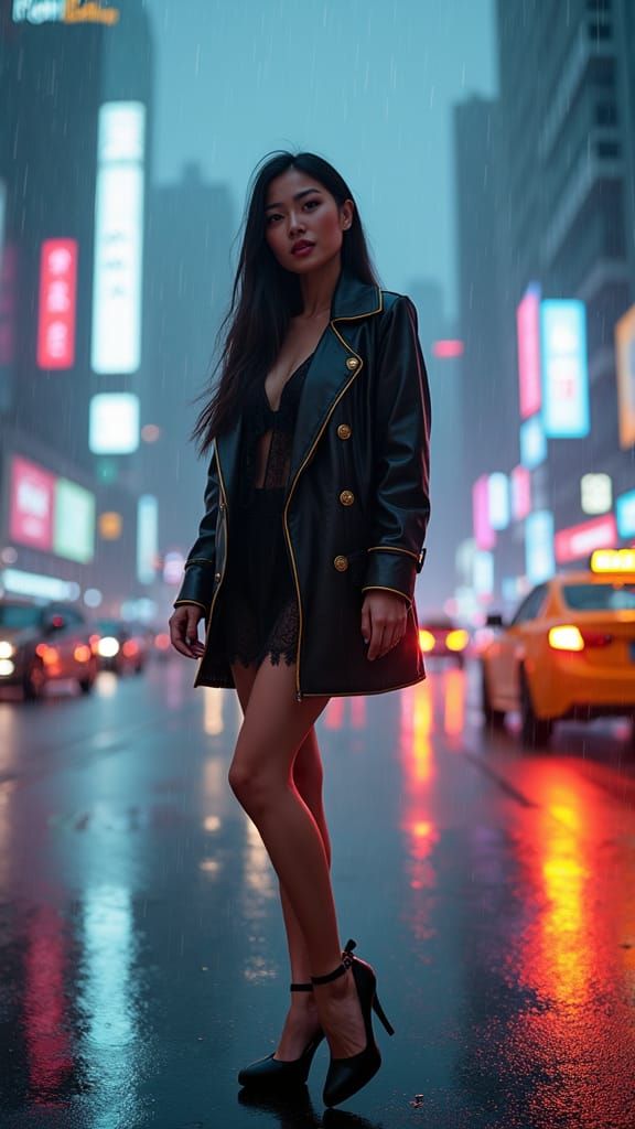 A beautiful, full body picture of an Asian woman standing up, looking at the camera with her brown eyes and a cheeky smile on her beautiful...