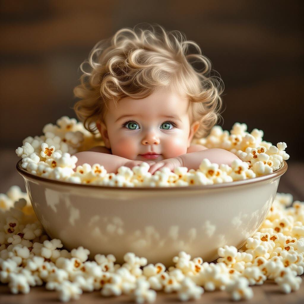Photorealistic Baby in Giant Popcorn Bowl