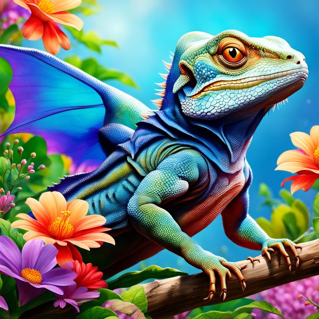 A lizard flying happily in the sky