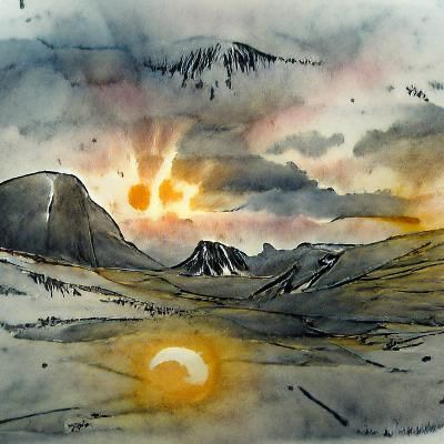 The midnight sun over halgrimskirkja ink and wash 8k