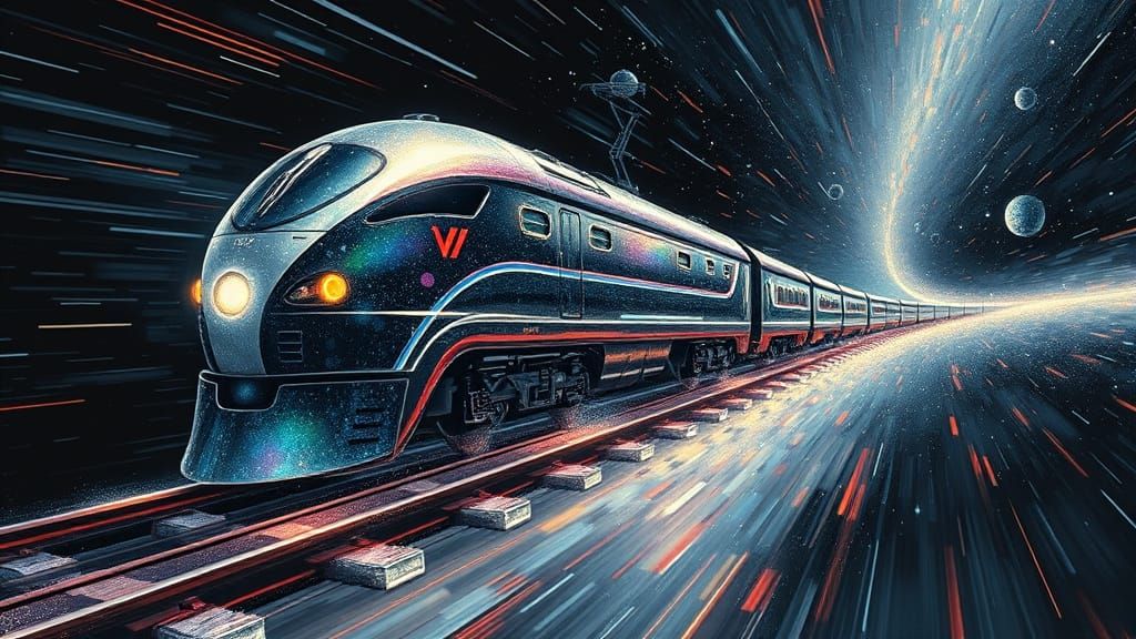 space train running on tracks of light through outer space:  nicolette cessoli and mark ryden, style ...  by @Derrell Mcclure