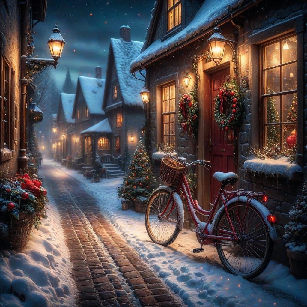Snowy Street's Holiday Glow 🌨️🚲