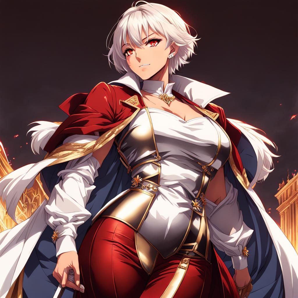 a handsome woman, tomboy, canine teeth, crimson red eyes, br...