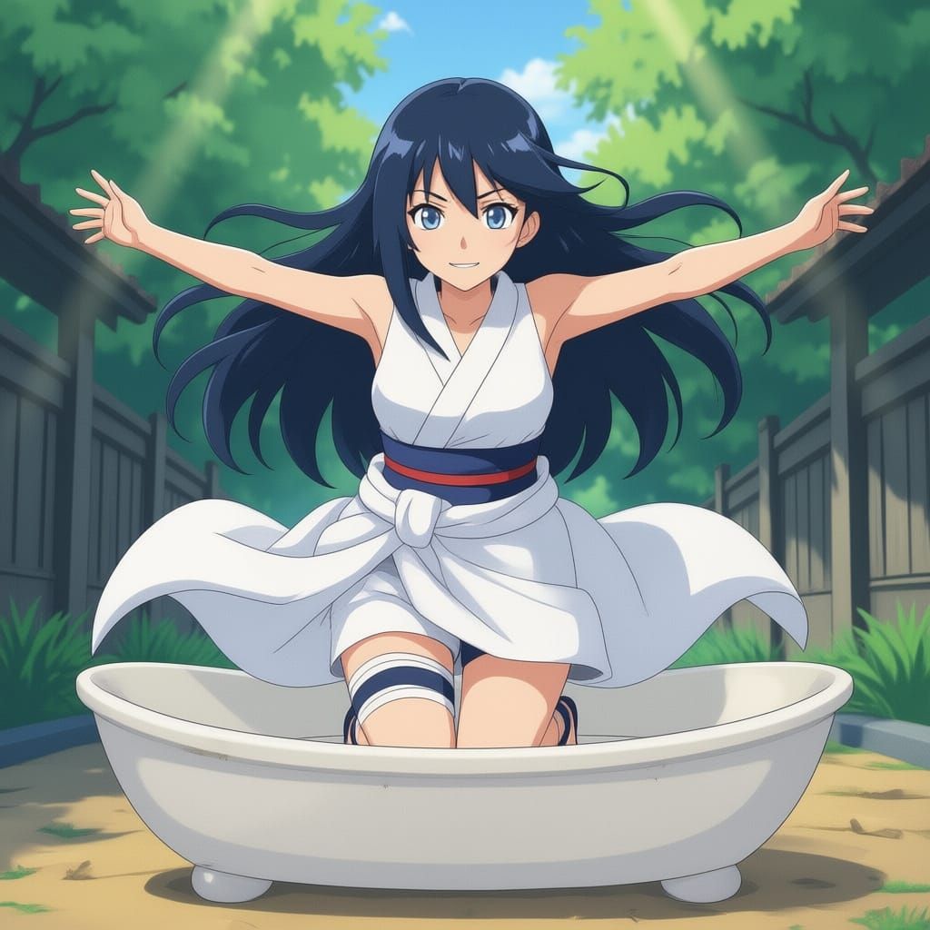 Hinata hyuaga in a towel jumping up and down 