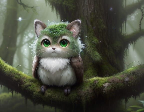 Cute Fluffy Creature on Mossy Branch