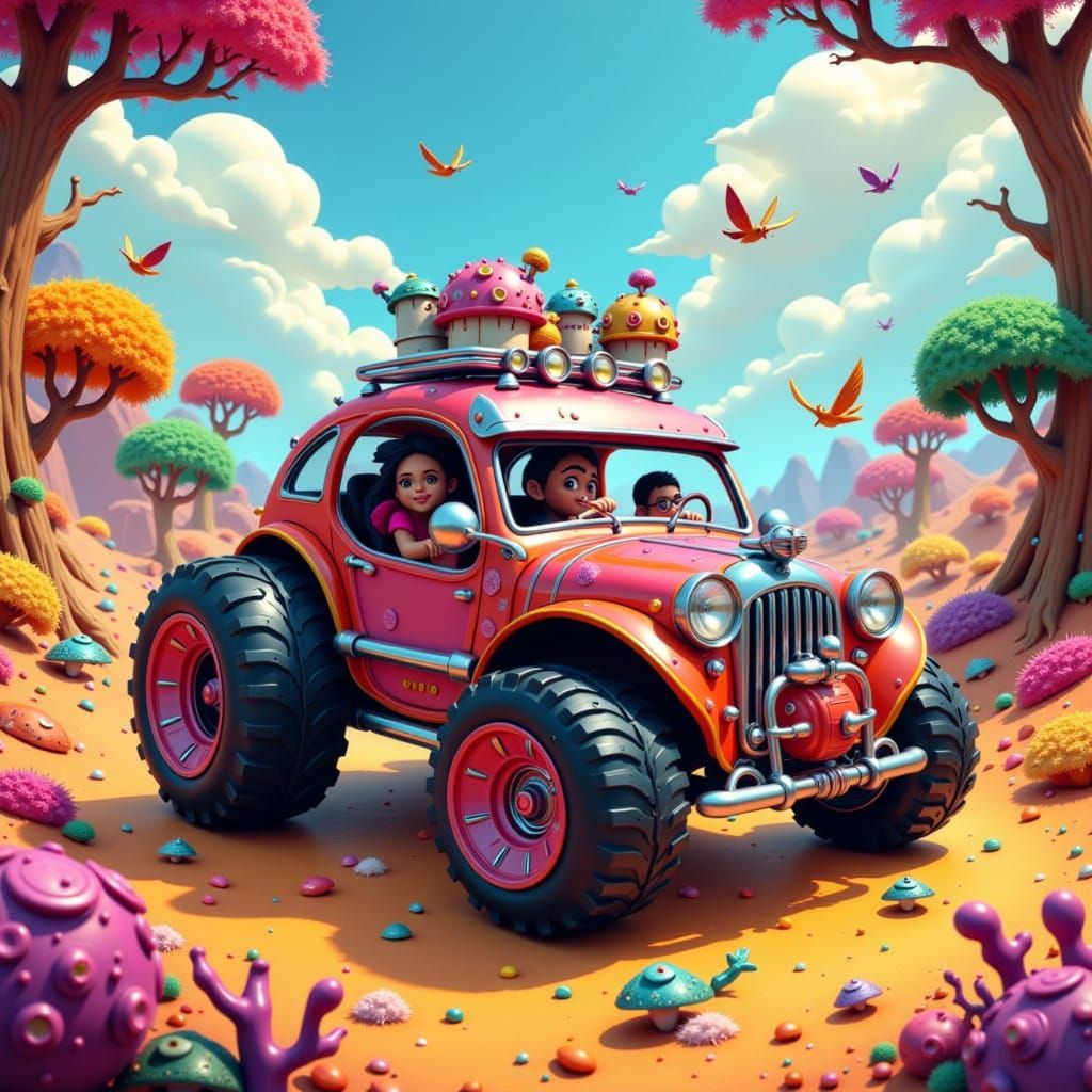 Splash art. Close up. A quirky, cartoon-style car with oversized wheels and wild colors speeds through a whimsical landscape. The car is ado...