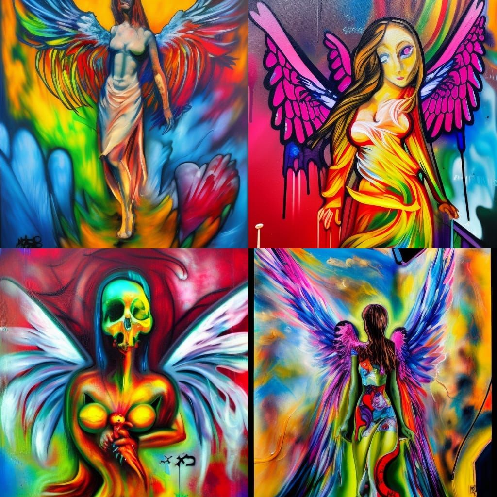 The angel of death in a colorful glass room, graffiti art, street