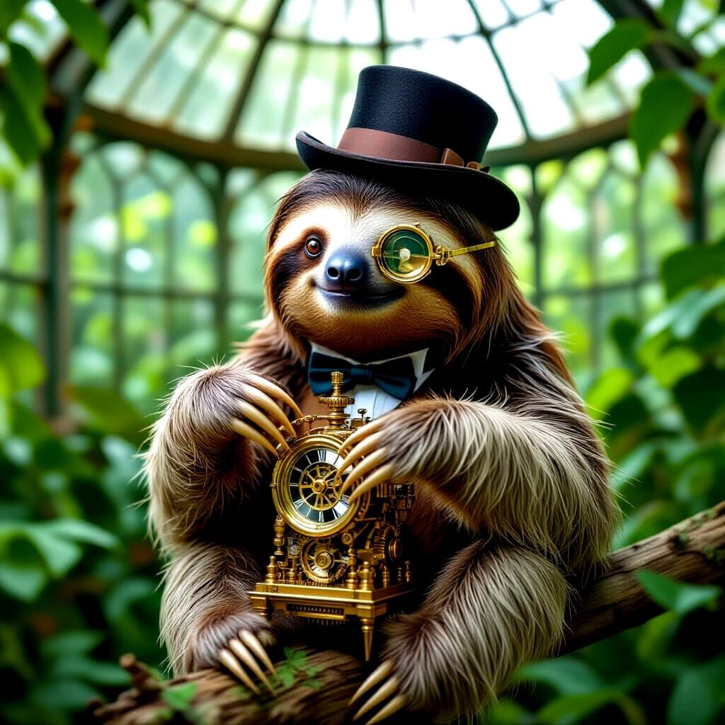 A three-toed sloth, adorned with a miniature brass monocle and a tiny bowler hat, meticulously assembling a complex clockwork device. The sl...