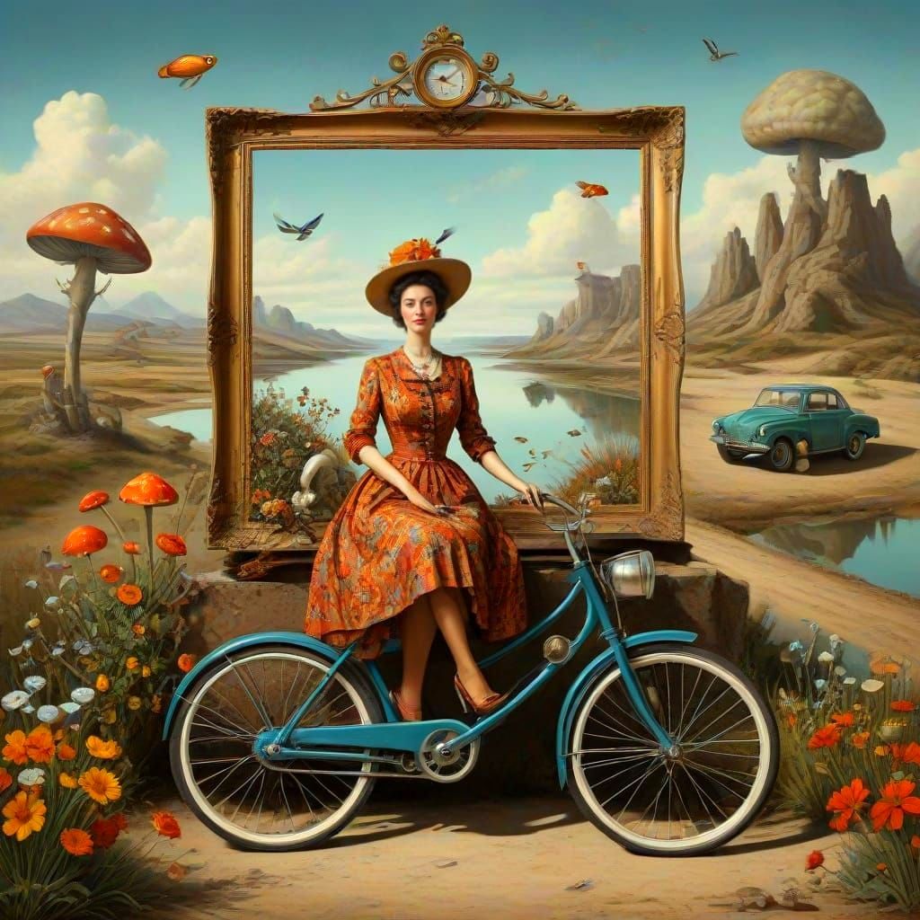 Eccentric Lady in Vibrant Surreal Landscape