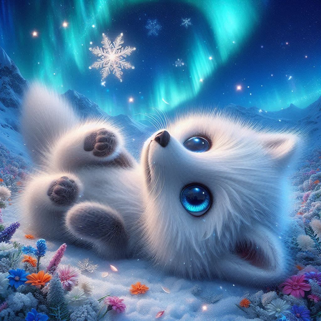 Adorable little arctic Fox under the Northern Lights