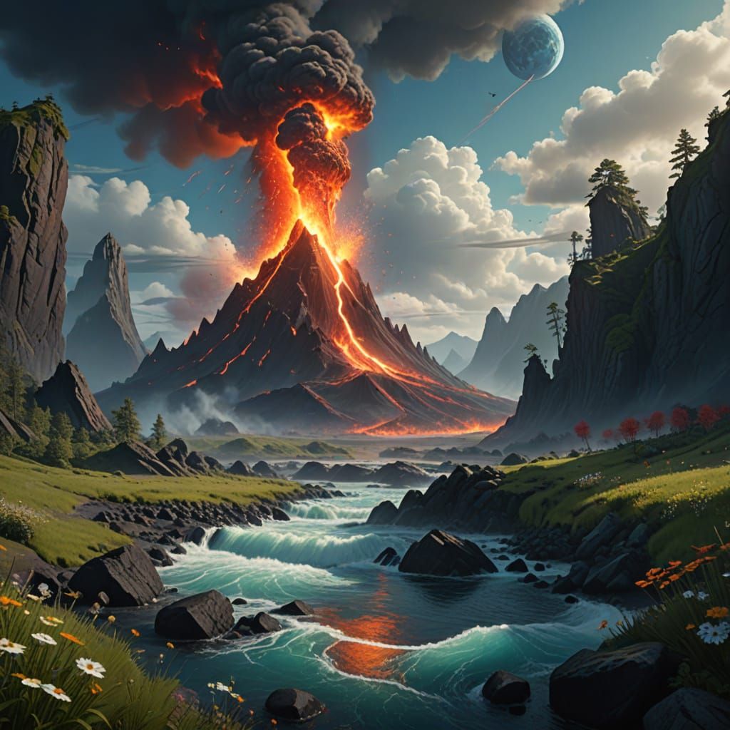 ereal view, a surreal yin-yang symbol depicted as a 3D landscape. One side features lush green grass with blooming flowers and a fiery volca...