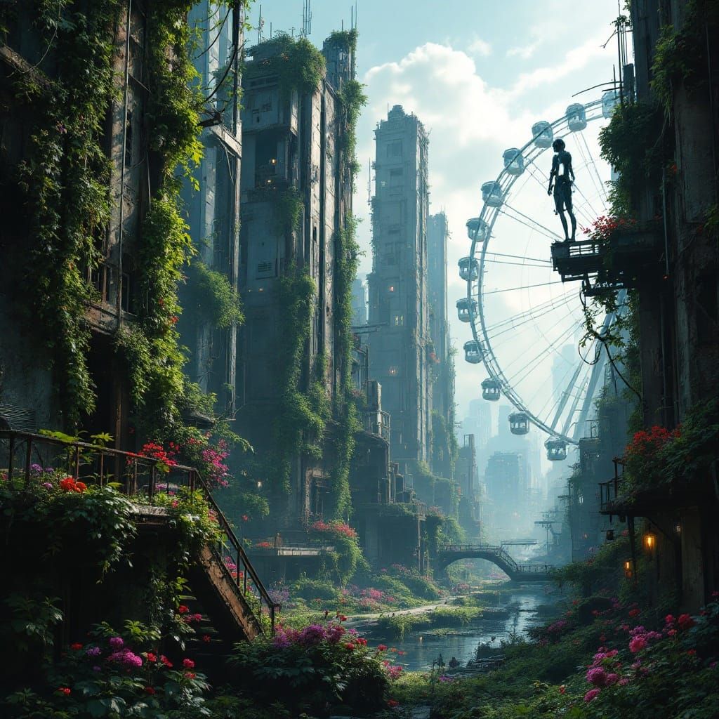 A post-apocalyptic futuristic city partially reclaimed by nature, where crumbling skyscrapers are overgrown with plants, and remnants of adv...