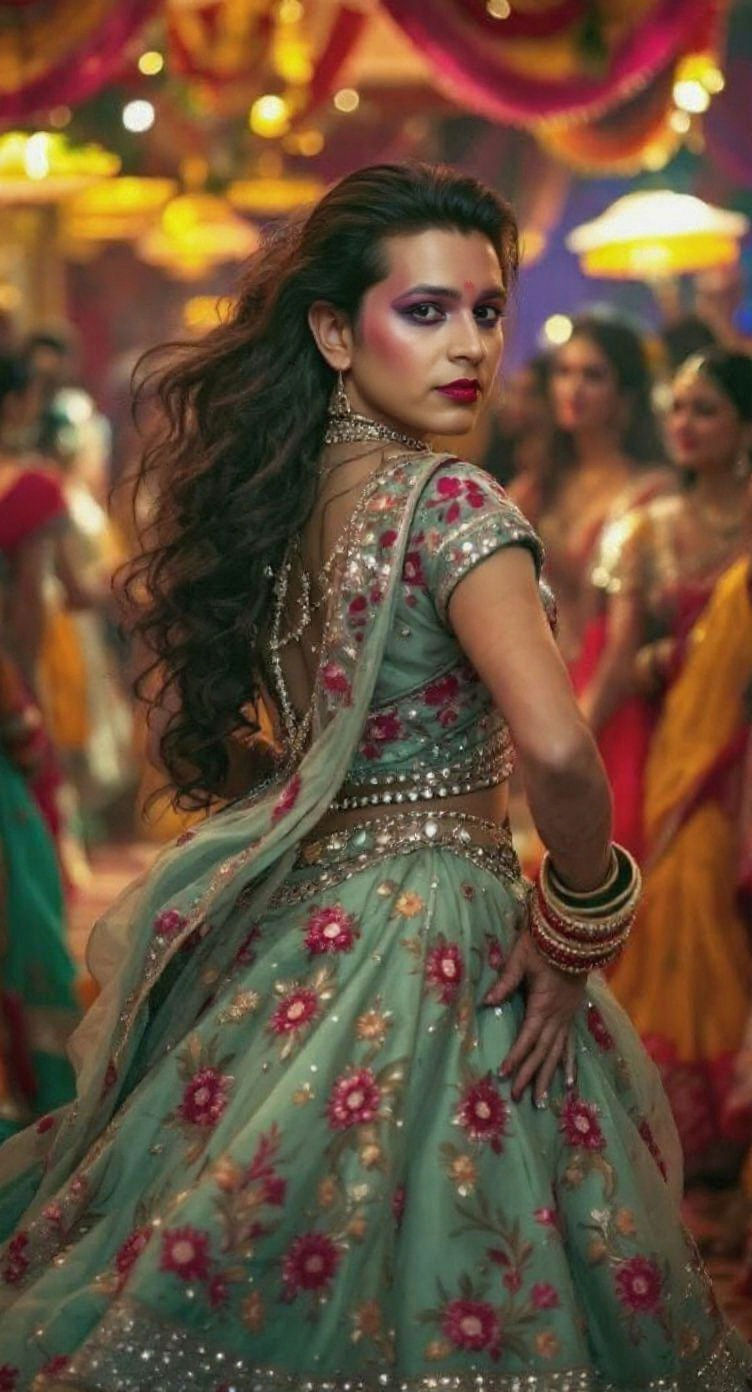 Enormous huge large busted sissy, flared lehenga choli, lots of bangles in hand, large anklets, extremely large huge earrings, pink lipstick...