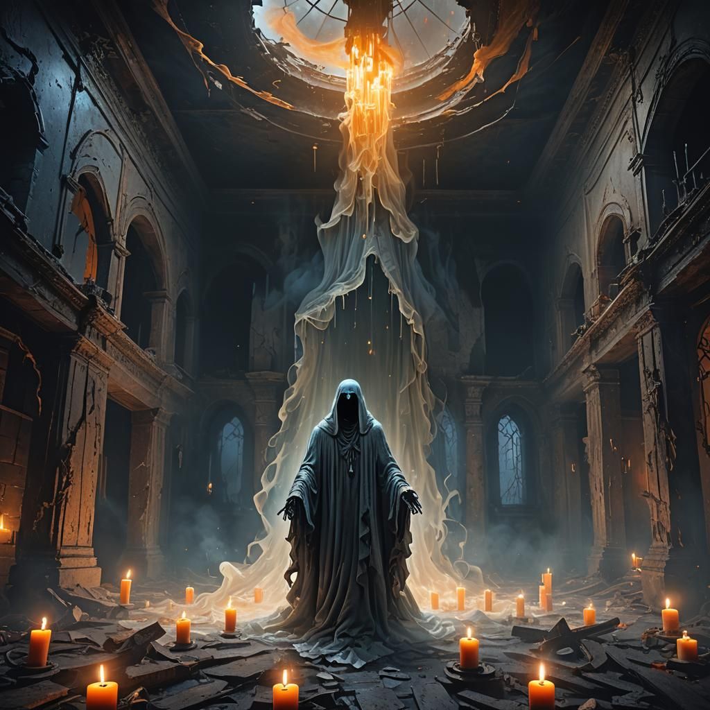 a ghost floating in a ruined and dark room  by @Cody Martins