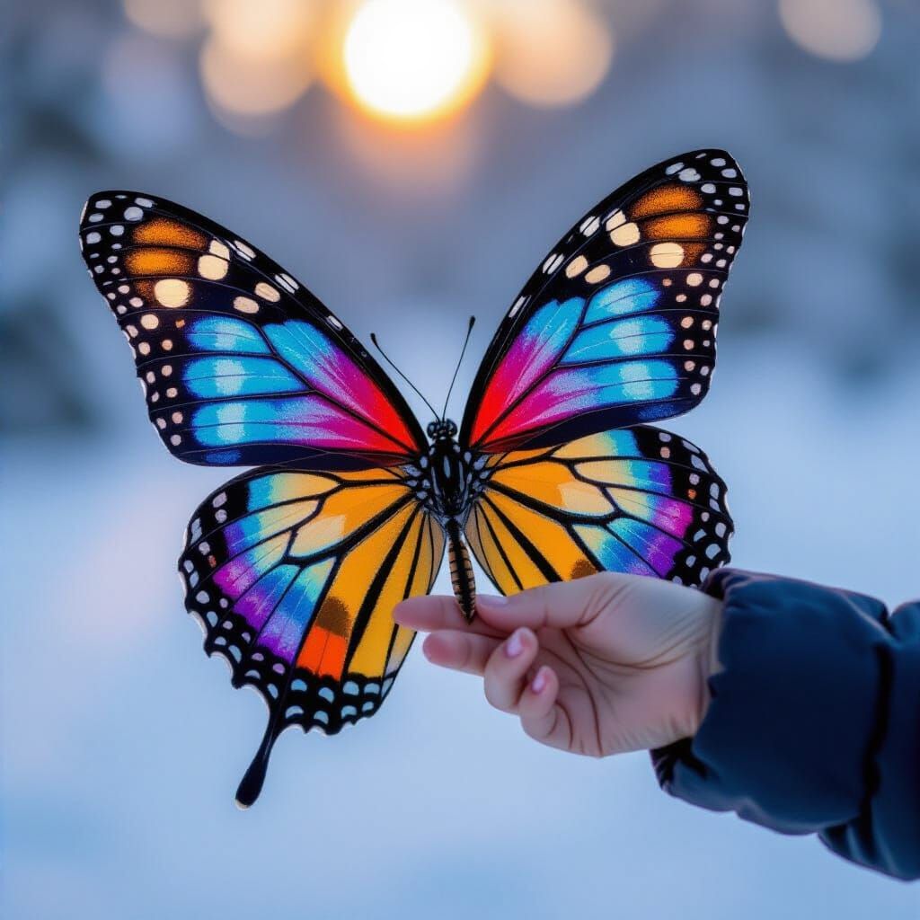 Giant Luminous Butterfly Lands on Child's Finger