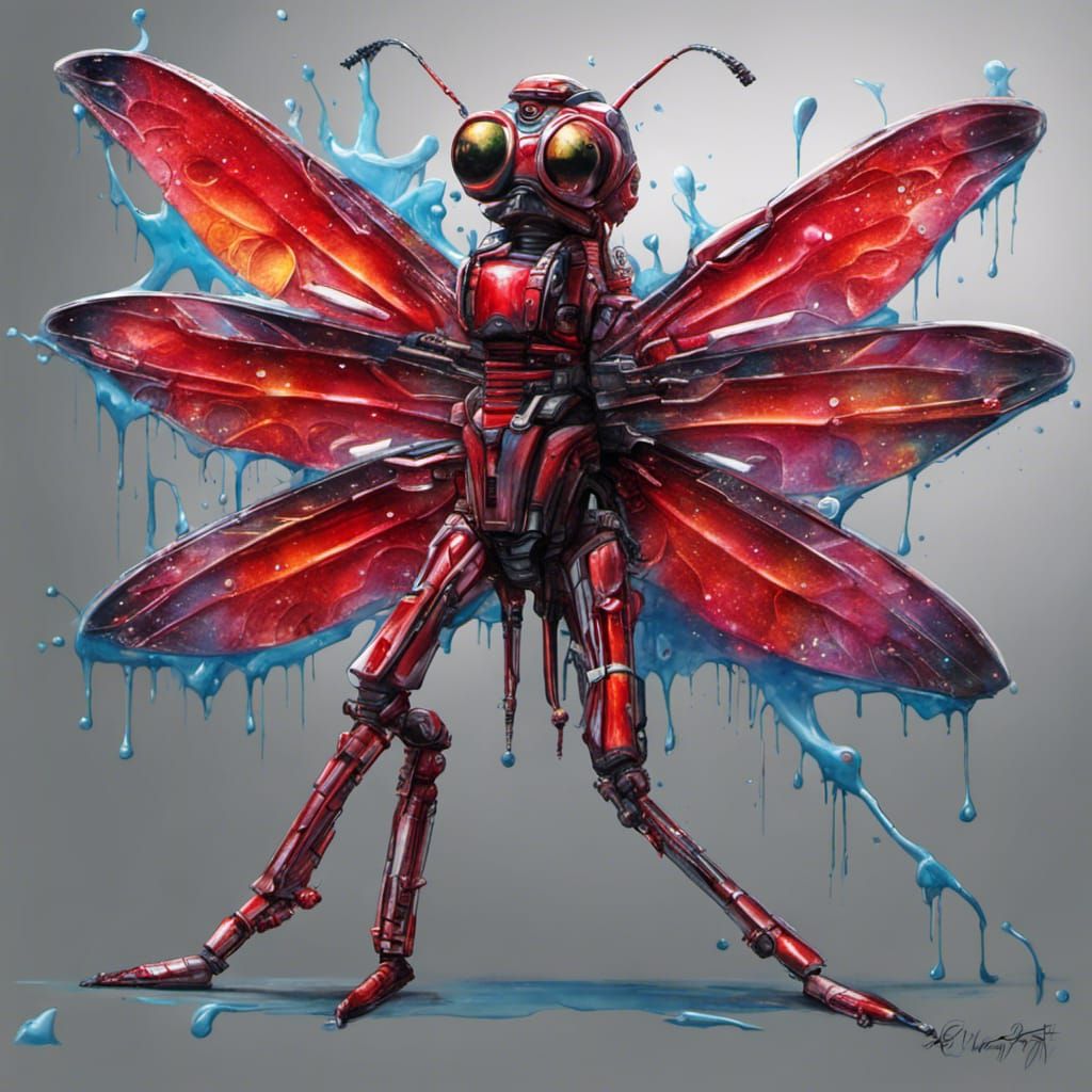 Humanoid damselfly scifi fighter, iridescent red, with high tech armor